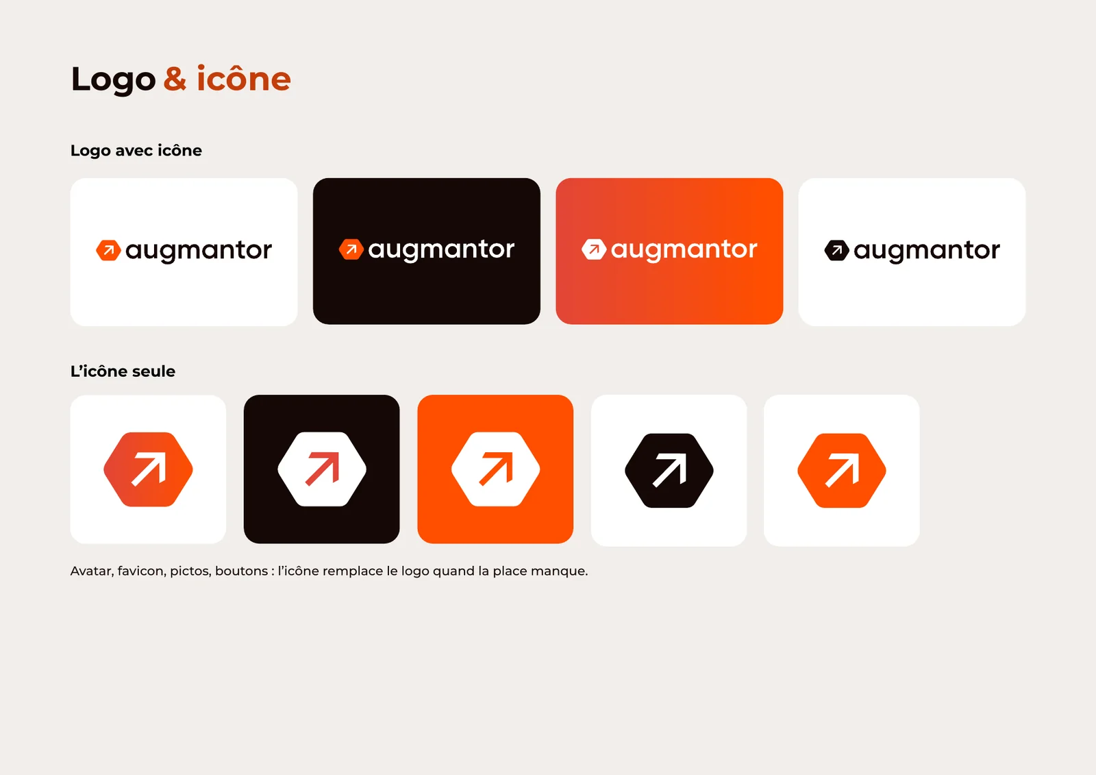 Augmantor · logo et icône en hexagone, déclinaisons sur fonds clairs et sombres
