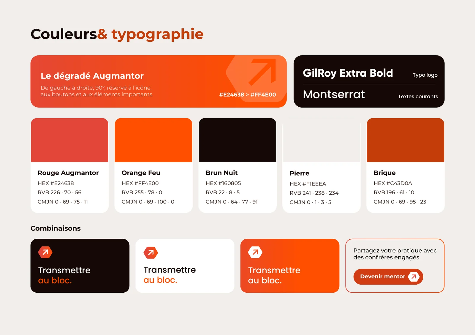 Augmantor · couleurs, dégradé rouge-orange et typographies GilRoy et Montserrat