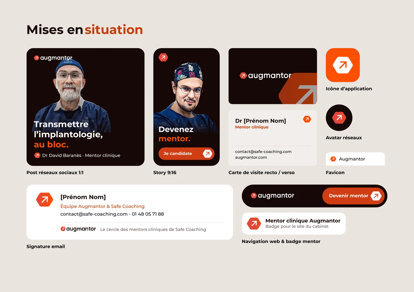Augmantor · mises en situation : réseaux sociaux, story, carte de visite, signature e-mail