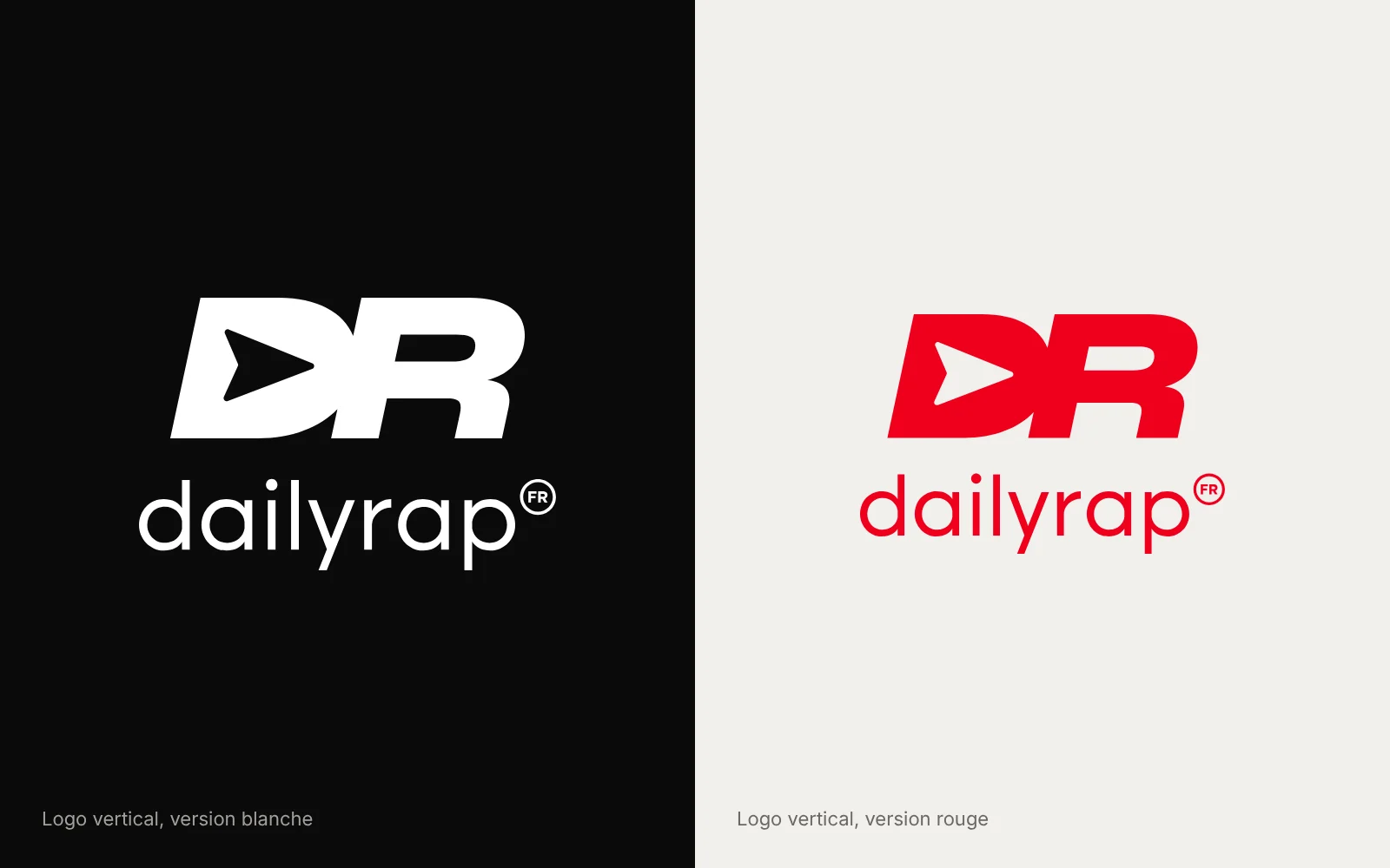 DailyRapFrance · logo vertical avec le monogramme DR, en blanc sur noir et en rouge sur blanc