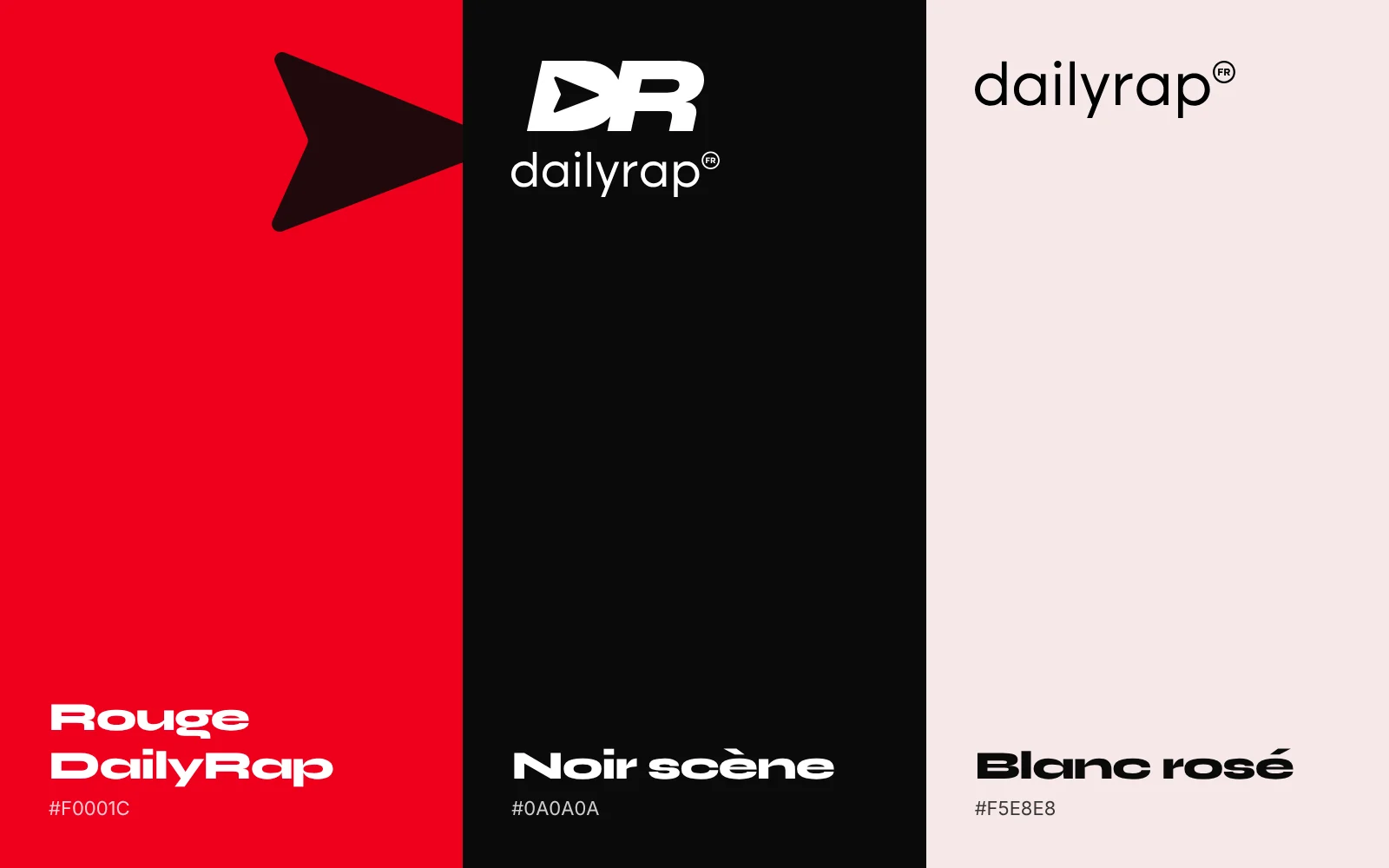 DailyRapFrance · couleurs : rouge DailyRap #F0001C, noir scène #0A0A0A, blanc rosé #F5E8E8