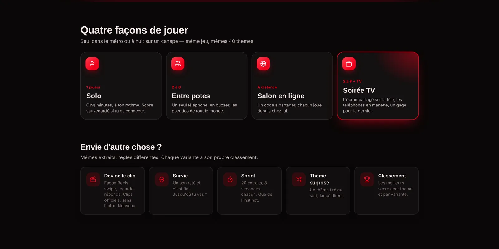 DailyRapFrance · quatre façons de jouer : solo, entre potes, salon en ligne, soirée TV, et les variantes dont Devine le clip