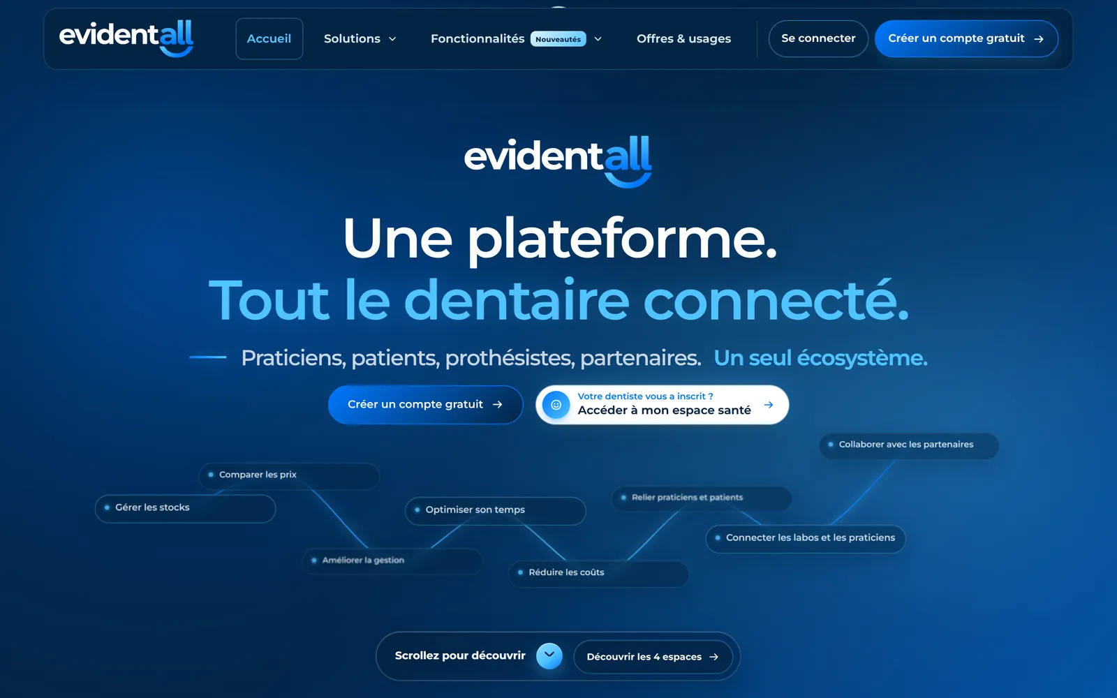 Page d'accueil d'Evidentall, plateforme qui connecte tout le dentaire