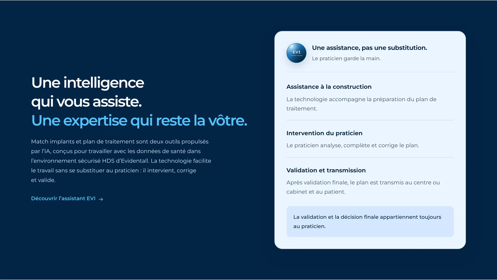 Evidentall · section IA : une assistance pour le plan de traitement, le praticien garde la décision