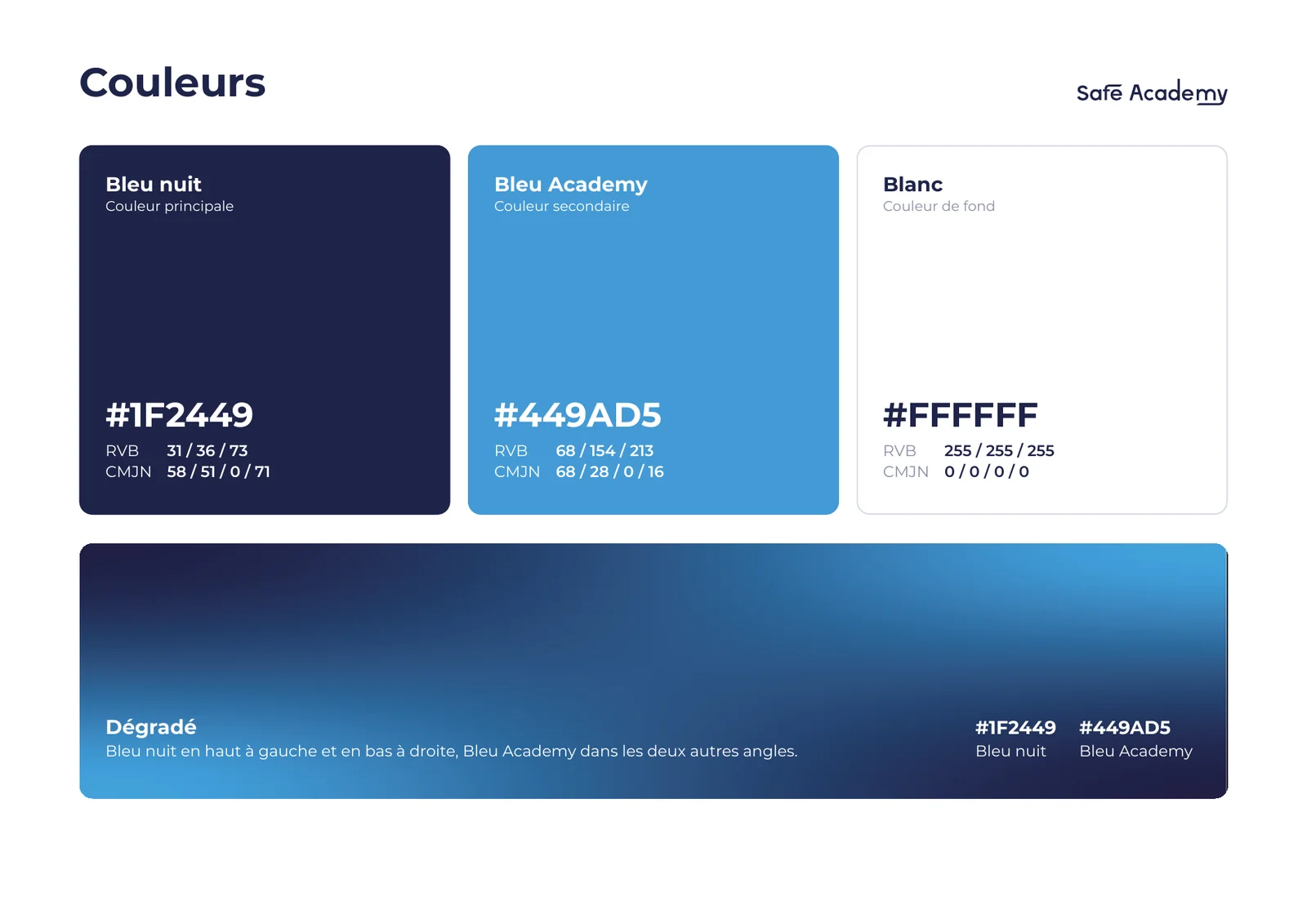 Safe Academy · couleurs : bleu nuit, bleu Academy, blanc et dégradé