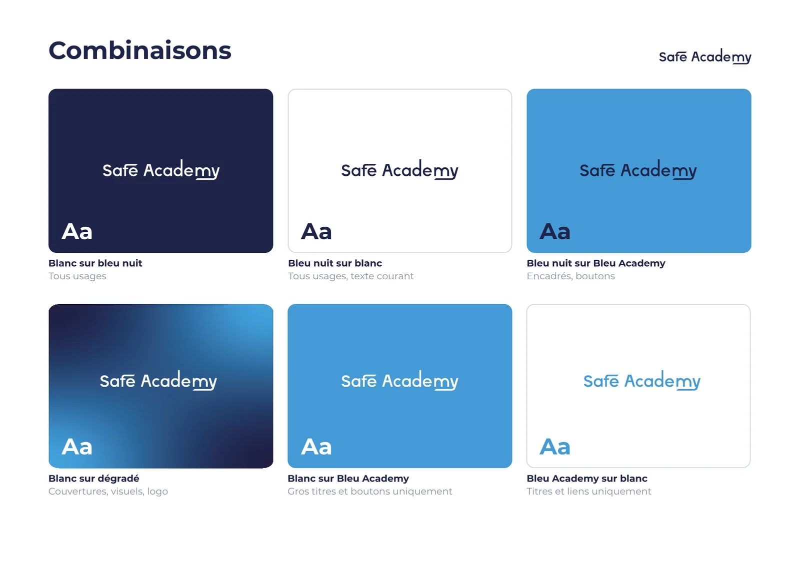 Safe Academy · combinaisons de couleurs et usages du logo