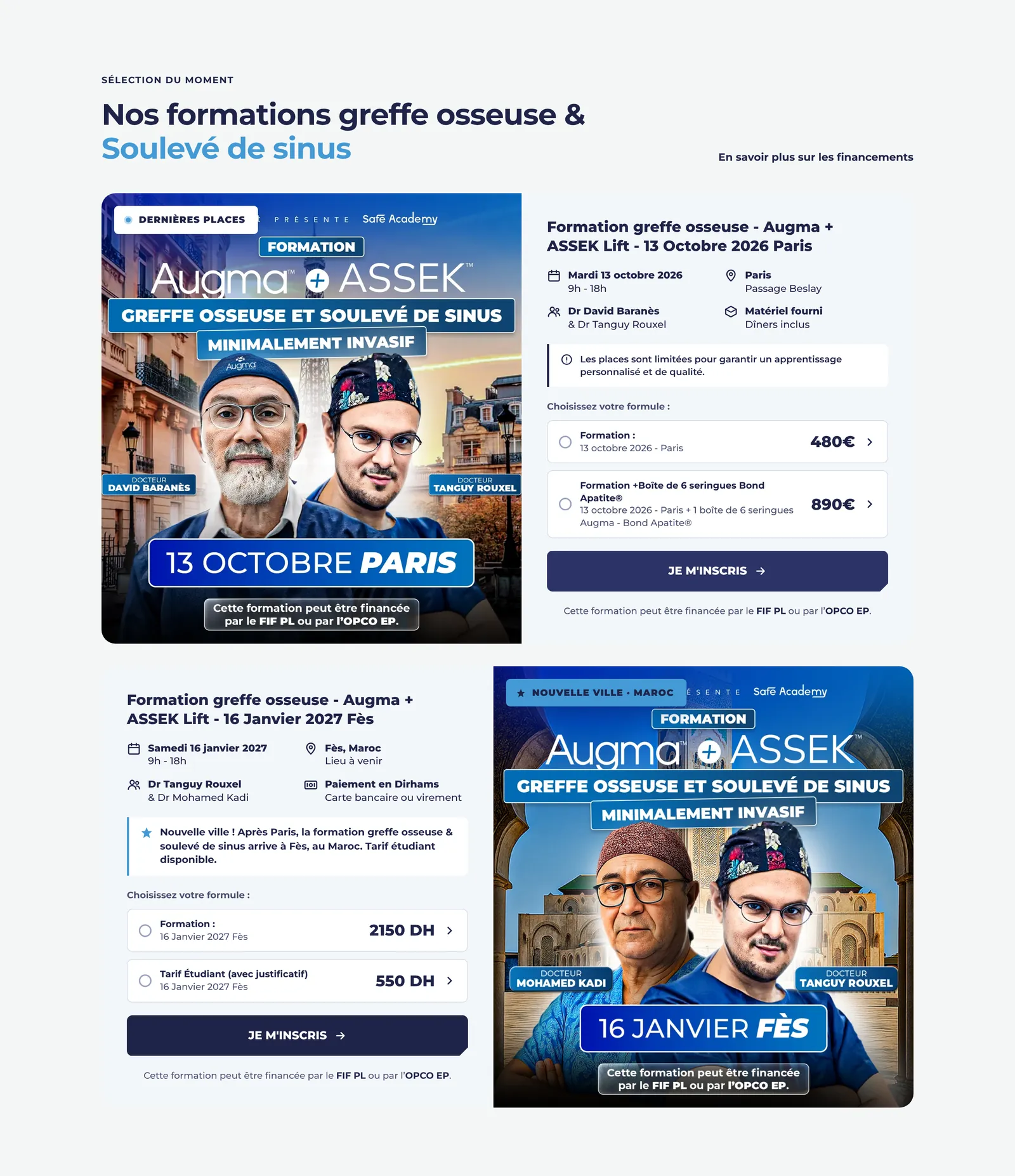 Safe Academy · fiches des sessions de formation à Paris et à Fès, avec formules et prix