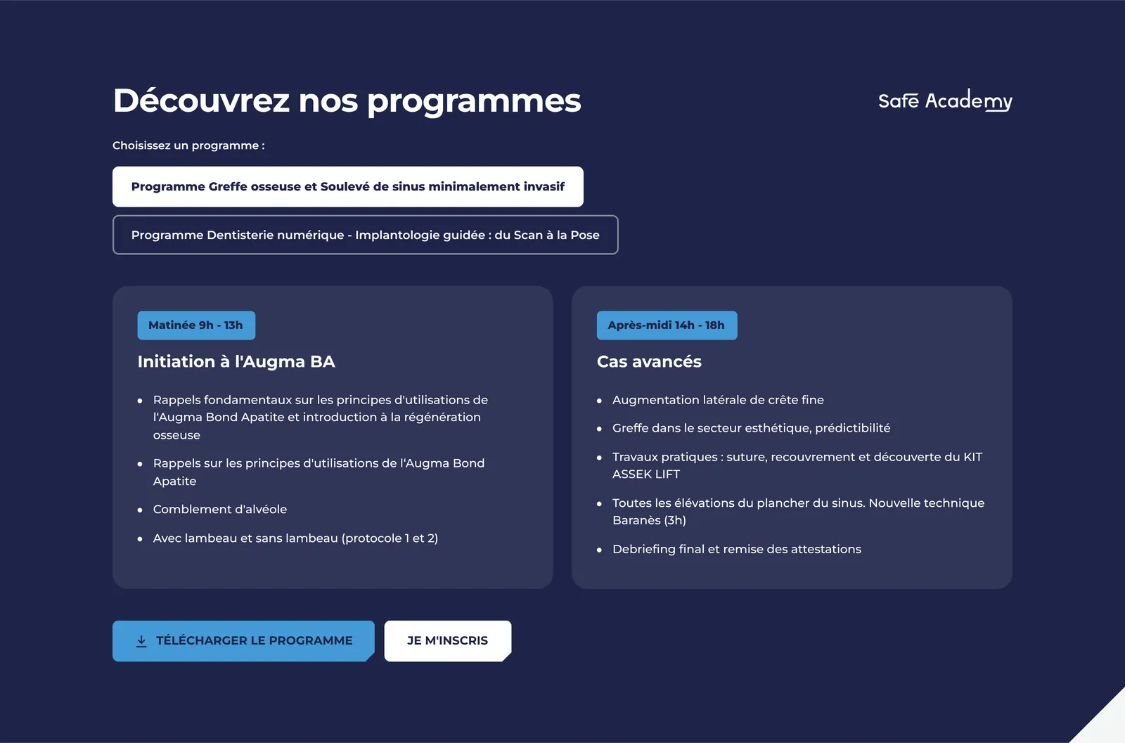 Safe Academy · programmes en onglets : matinée et après-midi